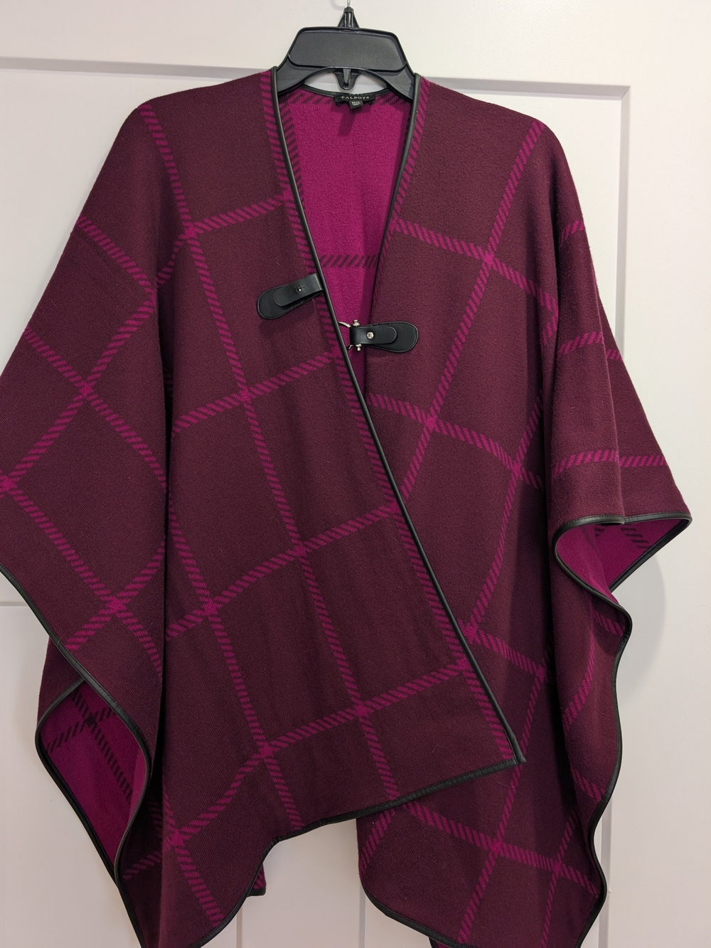 Talbots Burgundy and Magenta Plaid Wrap Poncho with Leather Toggle Closures